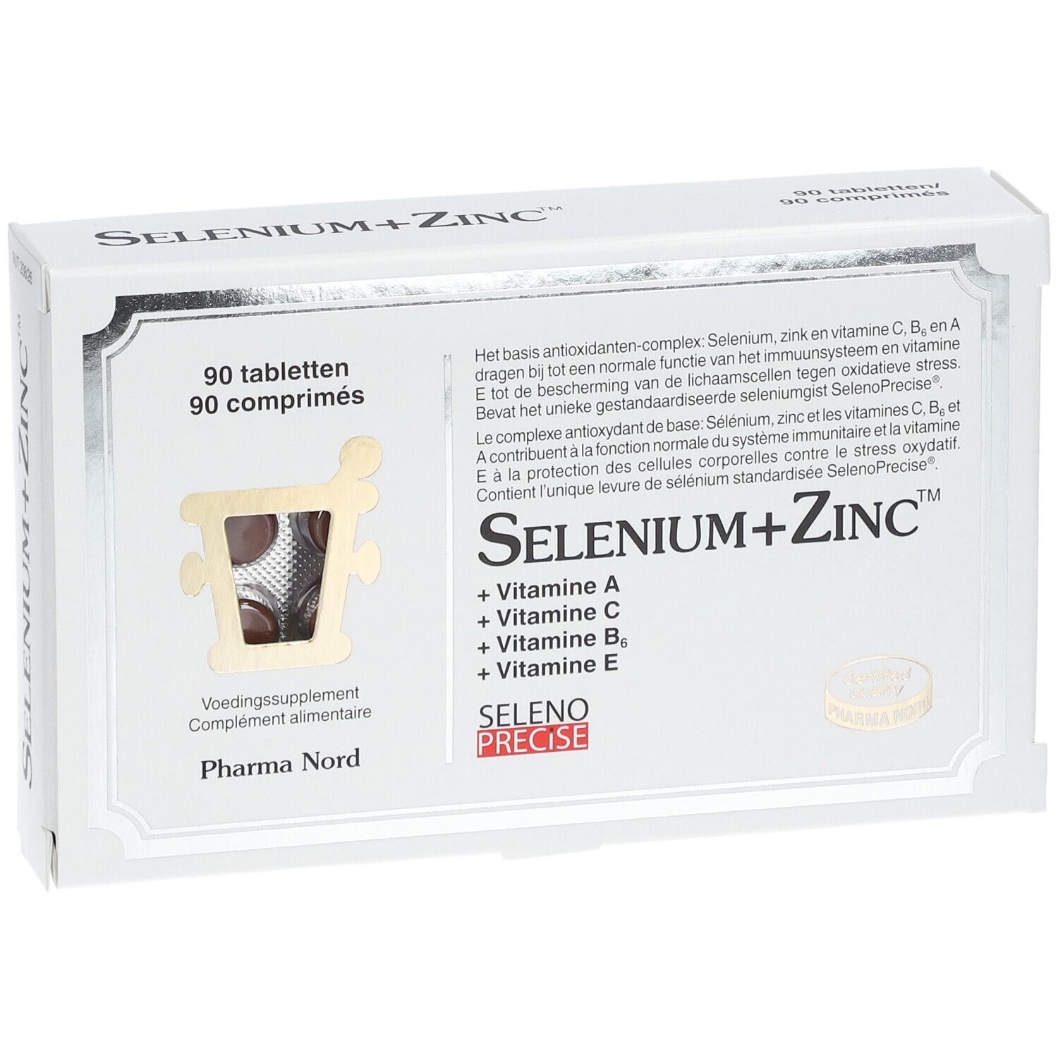 Boîte Pharma Nord Selenium+Zinc. 90 comprimés. Contient vitamines A, C, B6, E. Design blanc avec logo.
