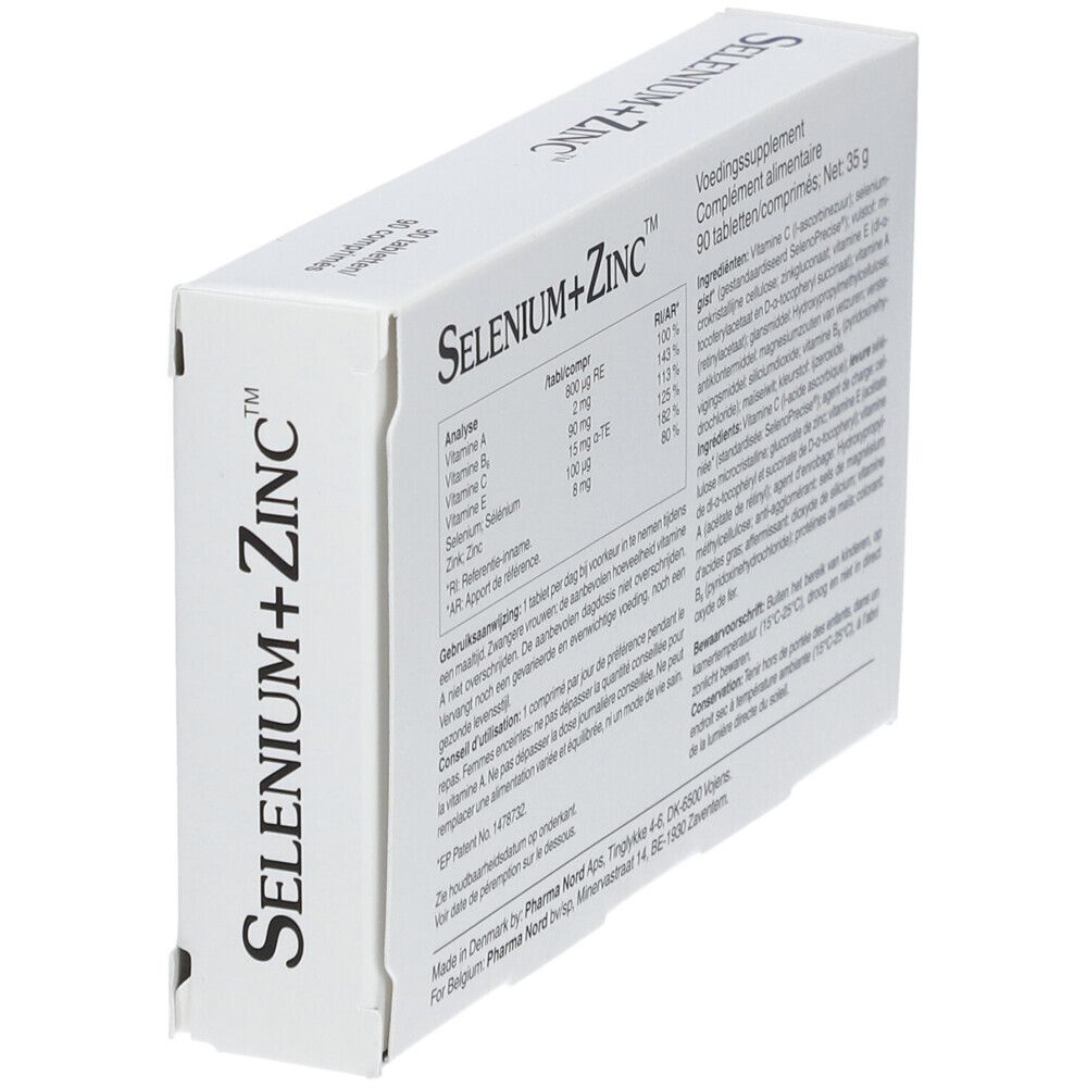 Dos de la boîte Selenium+Zinc Pharma Nord. 90 comprimés. Ingrédients, analyse, mode d'emploi.