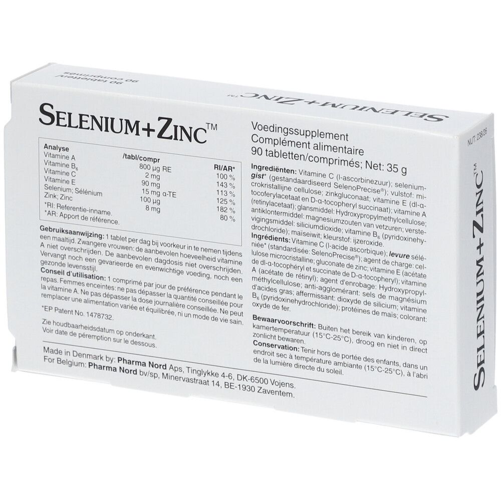 Dos de la boîte Selenium+Zinc Pharma Nord. 90 comprimés. Ingrédients, analyse, mode d'emploi.