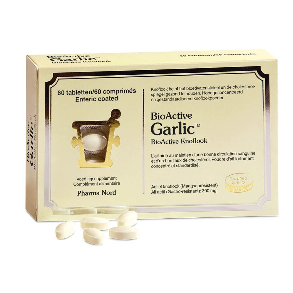 Doos 'BioActive Garlic' met tabletten en tabletten ernaast. 60 tabletten.