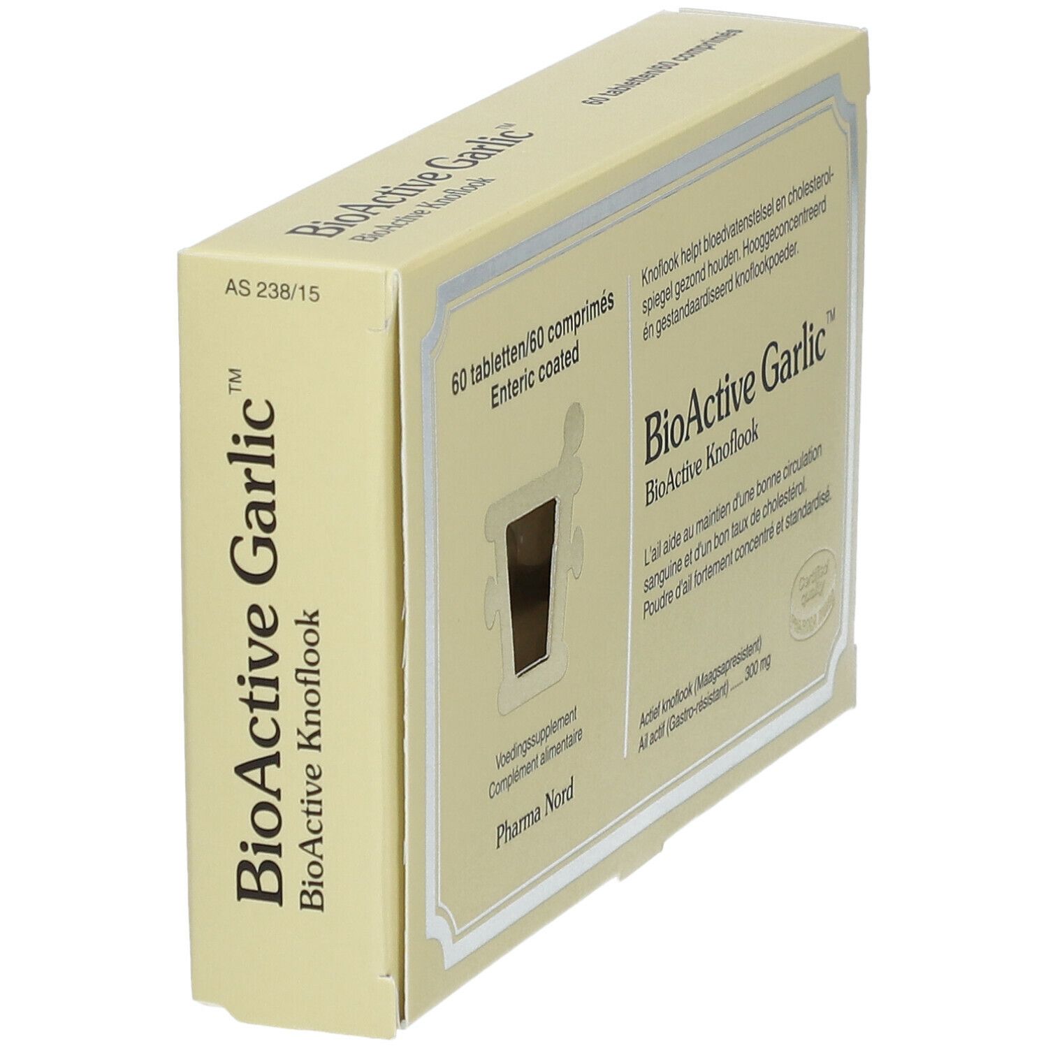 Boîte 'BioActive Garlic' en biais. Contient 60 comprimés. Emballage blister visible.
