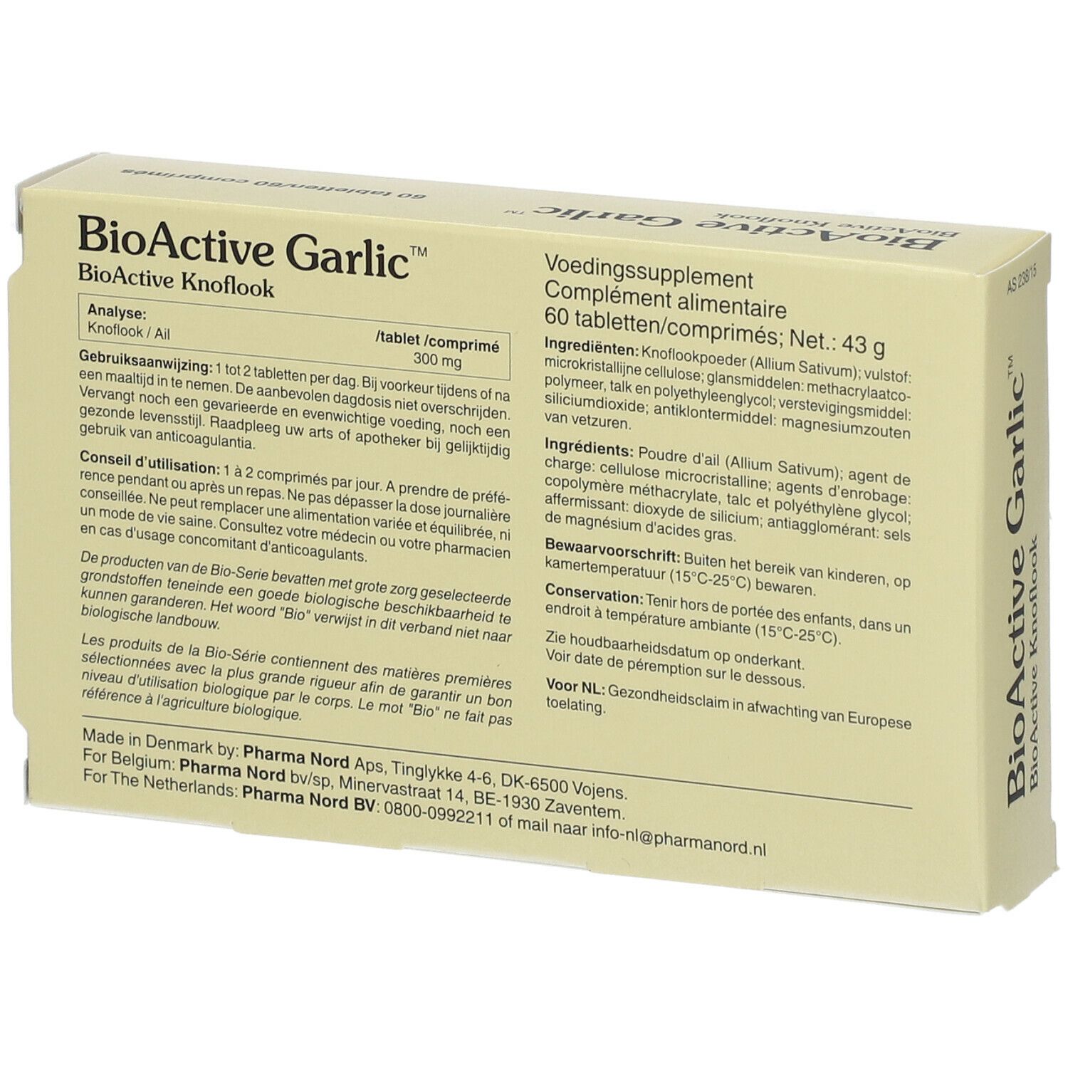 Boîte 'BioActive Garlic' avec 60 comprimés. Informations et ingrédients au dos.