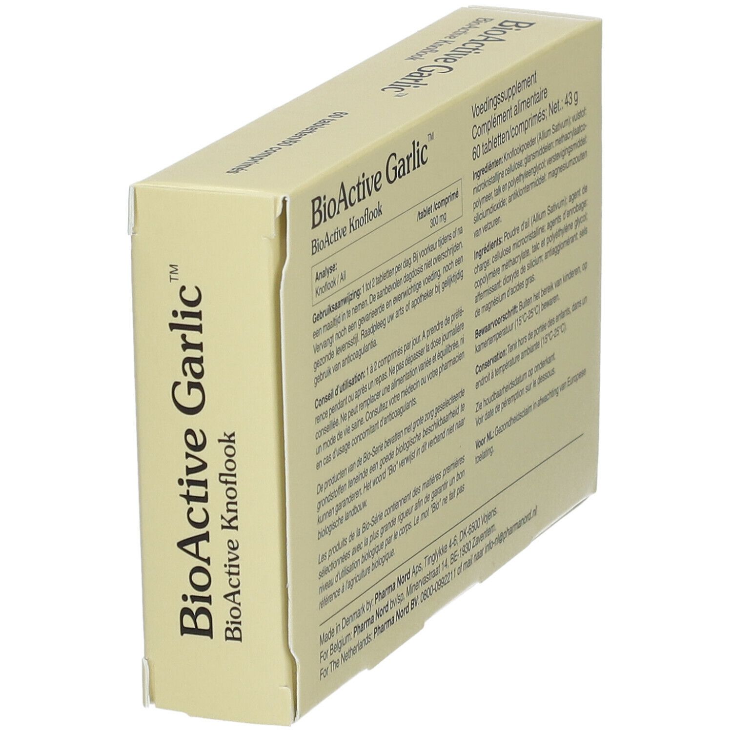 Boîte 'BioActive Garlic' en biais avec 60 comprimés. Informations au dos.