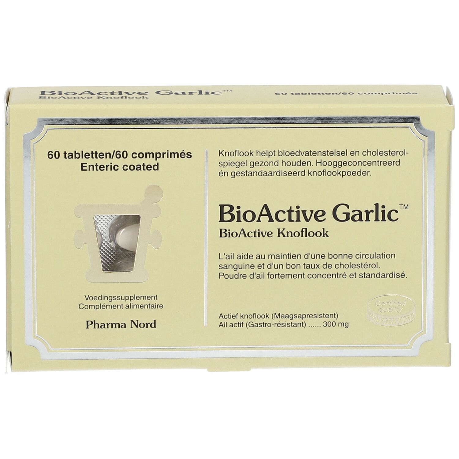 Boîte 'BioActive Garlic' avec 60 comprimés. Blister avec comprimés visible.