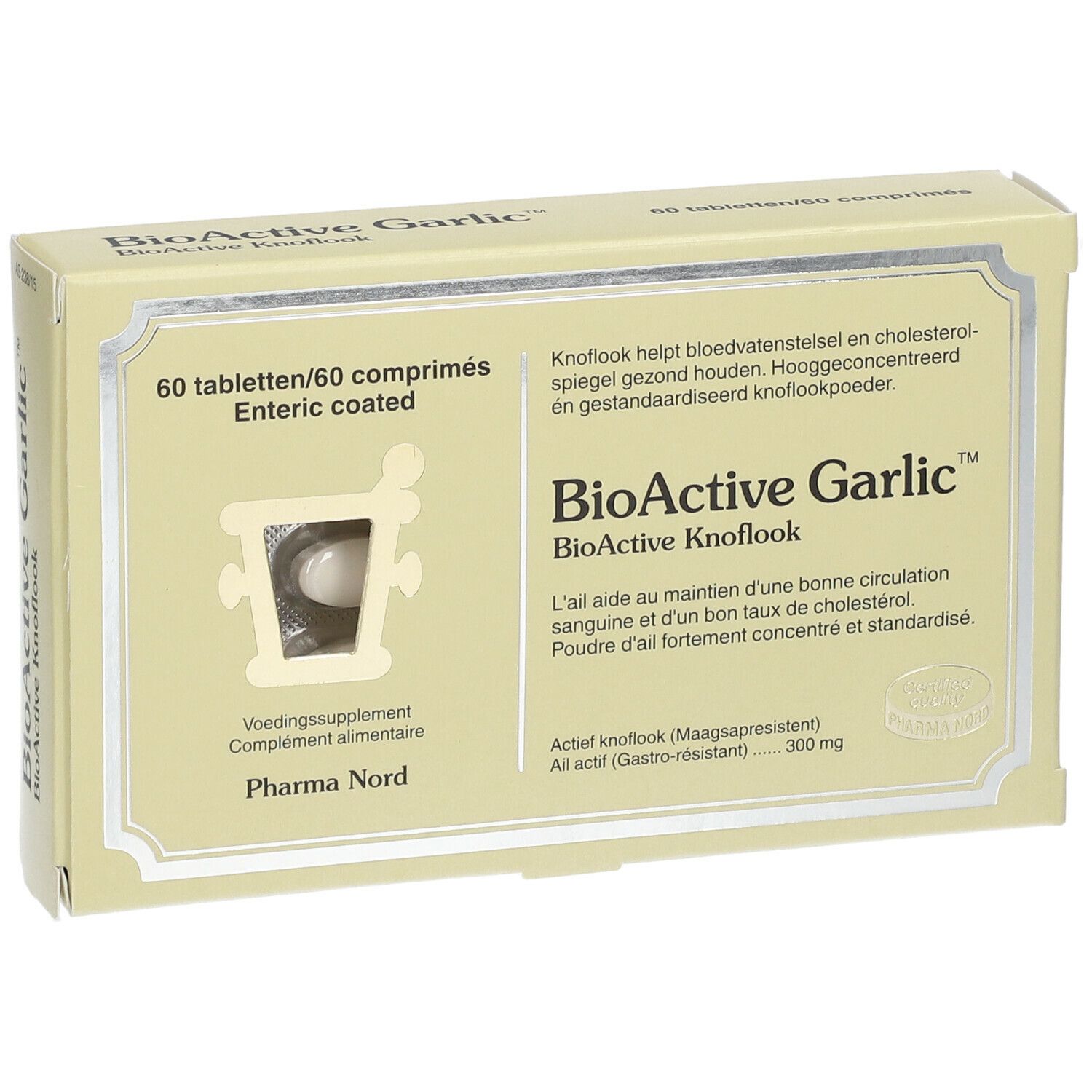 Boîte 'BioActive Garlic' avec 60 comprimés. Blister avec comprimés visible.
