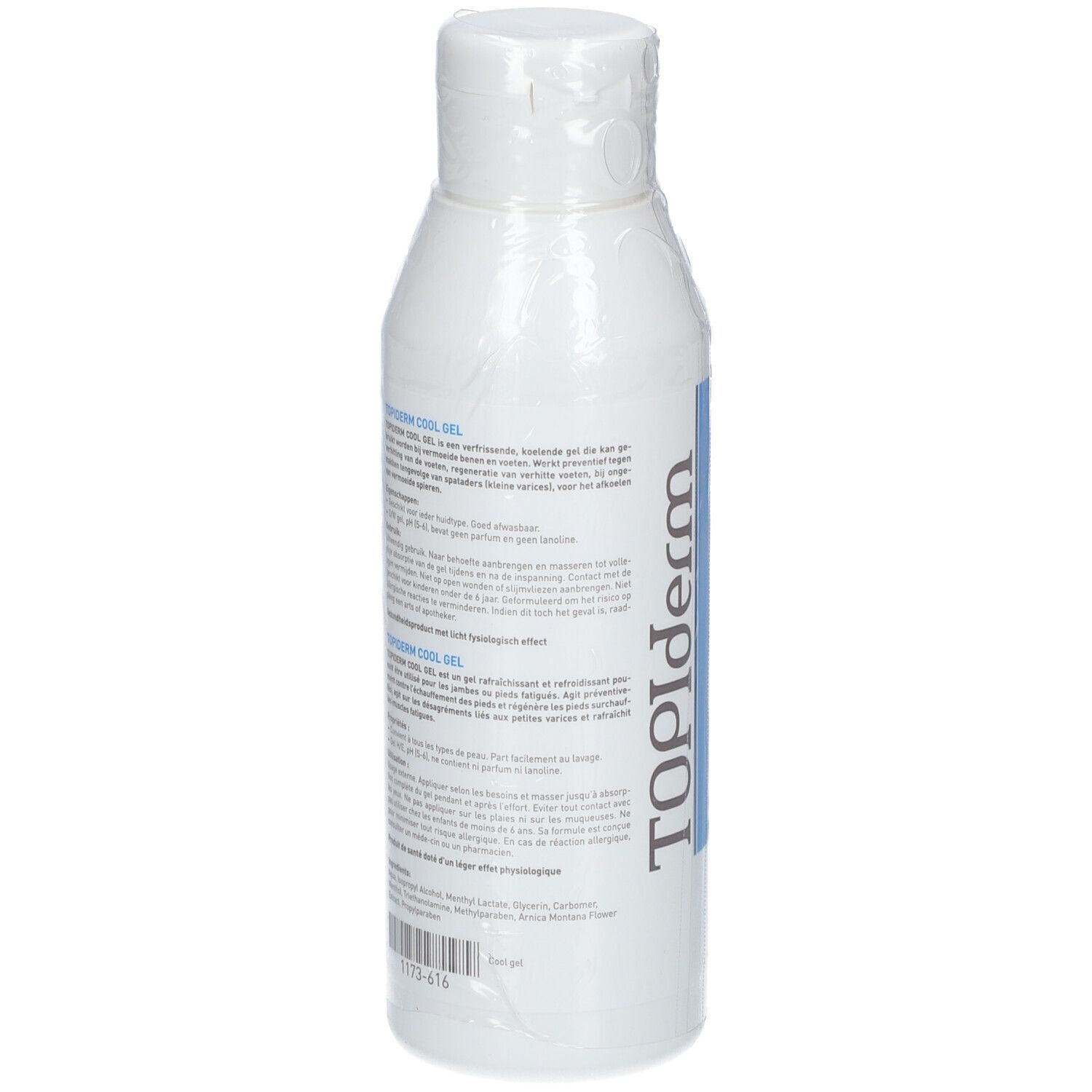 Flacon blanc avec texte au dos. Le flacon est emballé dans du plastique. TOPIderm est visible sur le côté.