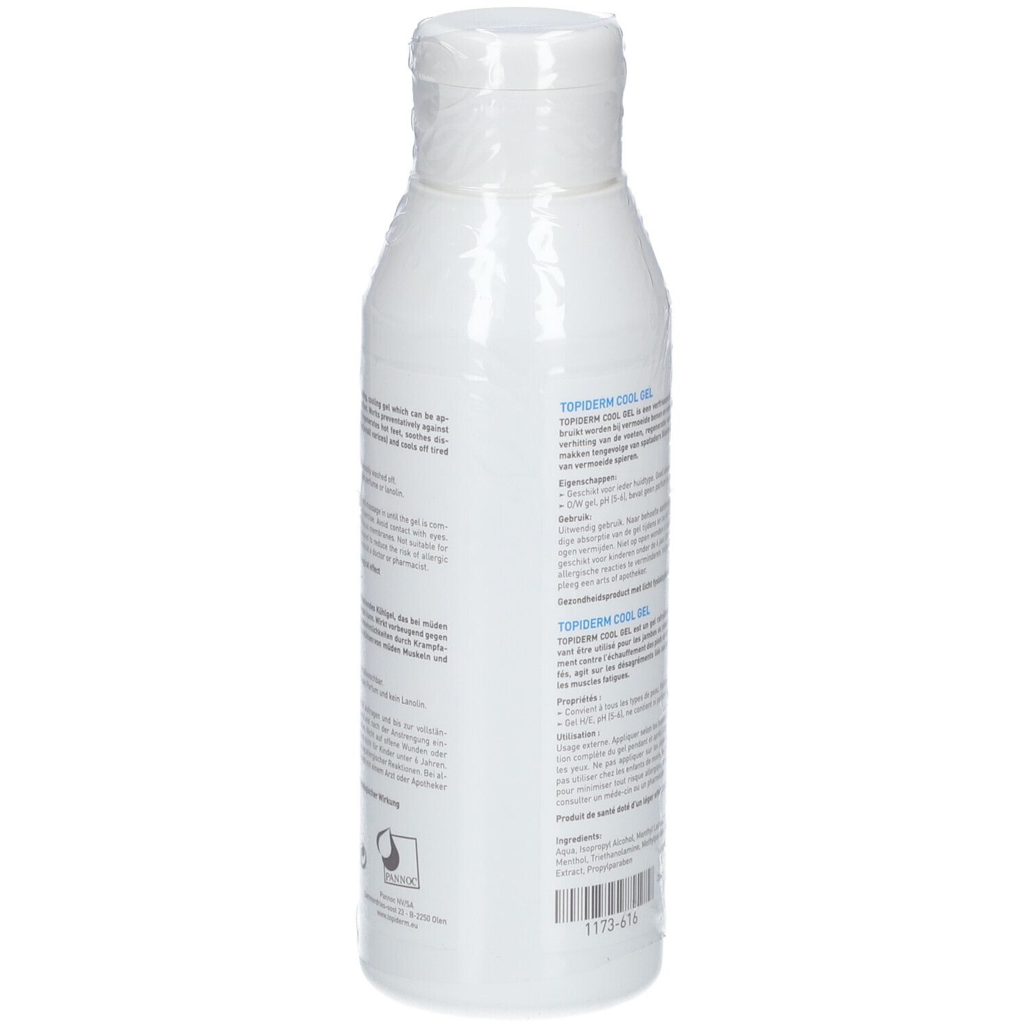 Flacon blanc avec texte au dos. Le flacon est emballé dans du plastique. TOPIderm est visible sur le côté.