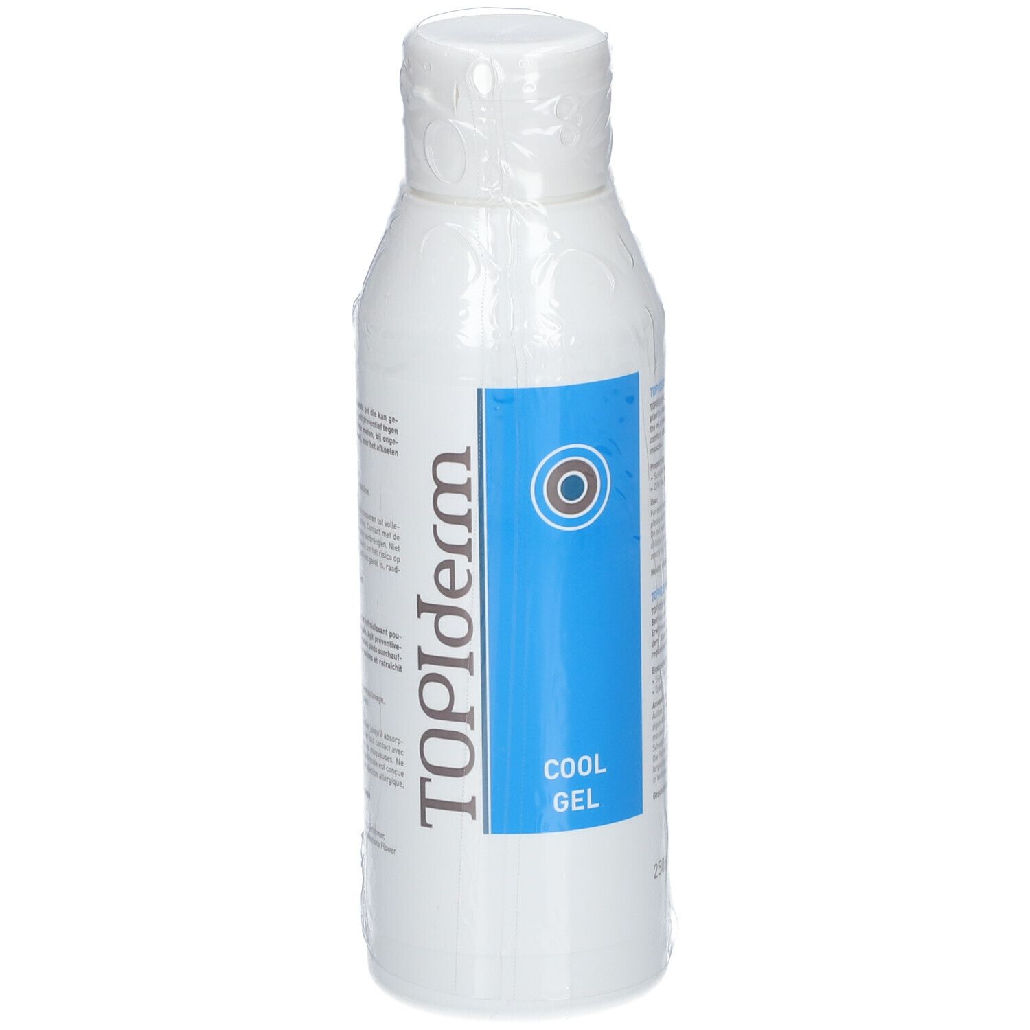 Flacon blanc avec étiquette bleue. TOPIderm et COOL GEL sont sur l'étiquette. Le flacon est emballé dans du plastique.