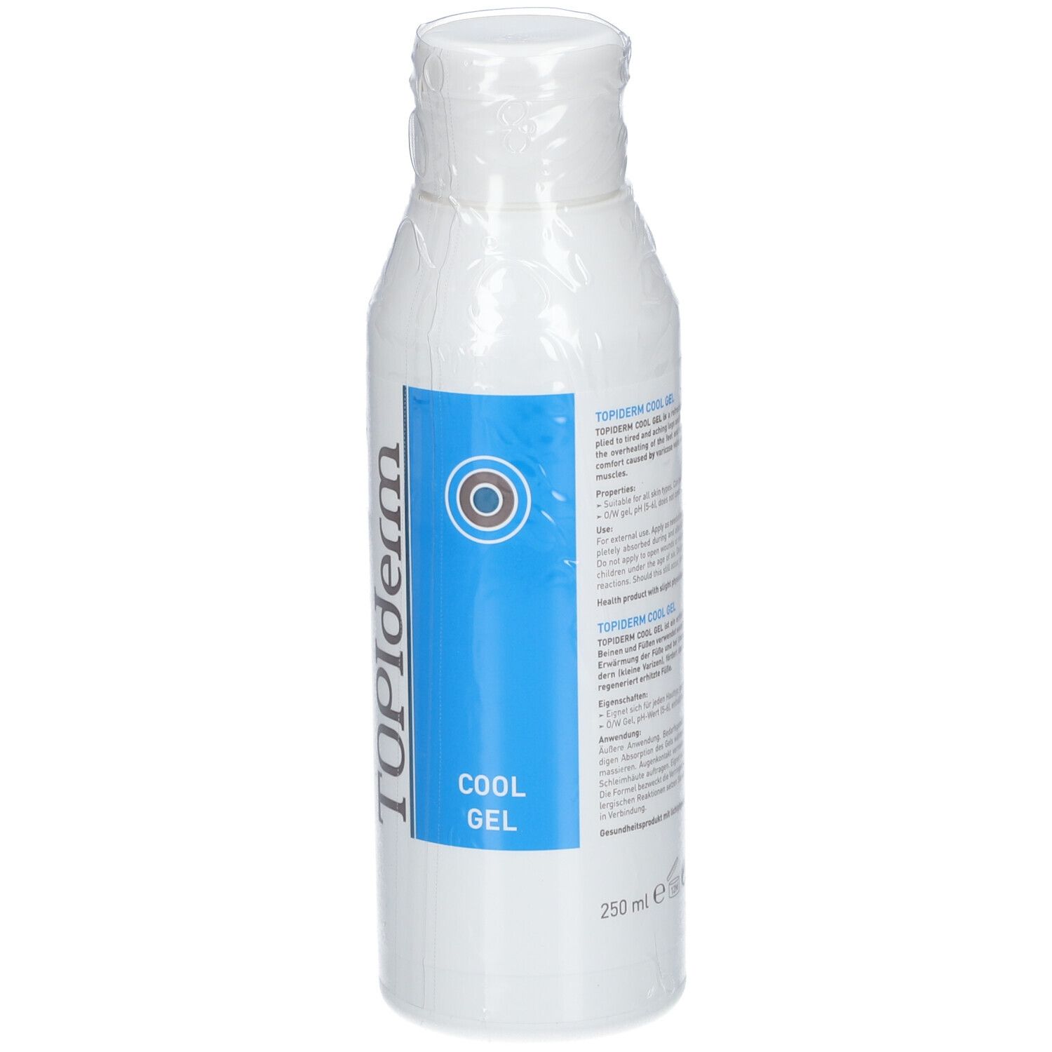 Flacon blanc avec étiquette bleue. TOPIderm et COOL GEL sont sur l'étiquette. Le flacon est emballé dans du plastique.