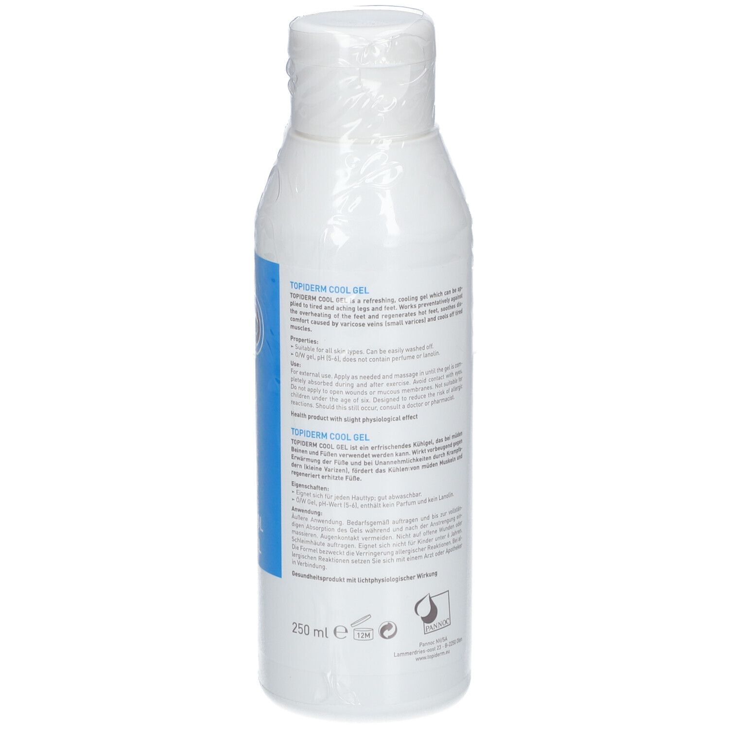 Flacon blanc avec texte au dos. Le flacon est emballé dans du plastique. TOPIderm est visible sur le côté.
