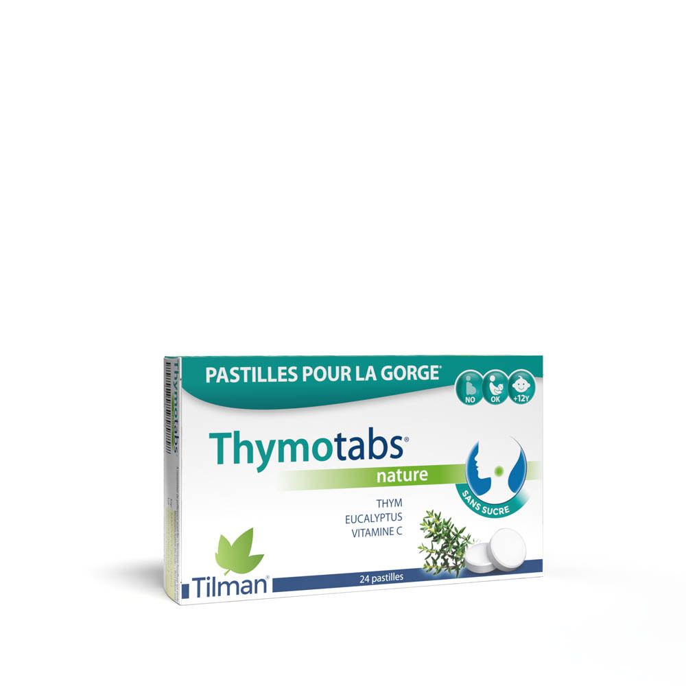 Boîte de Thymotabs nature, 24 comprimés. Contient thym, eucalyptus et vitamine C. Sans sucre. Marque Tilman.