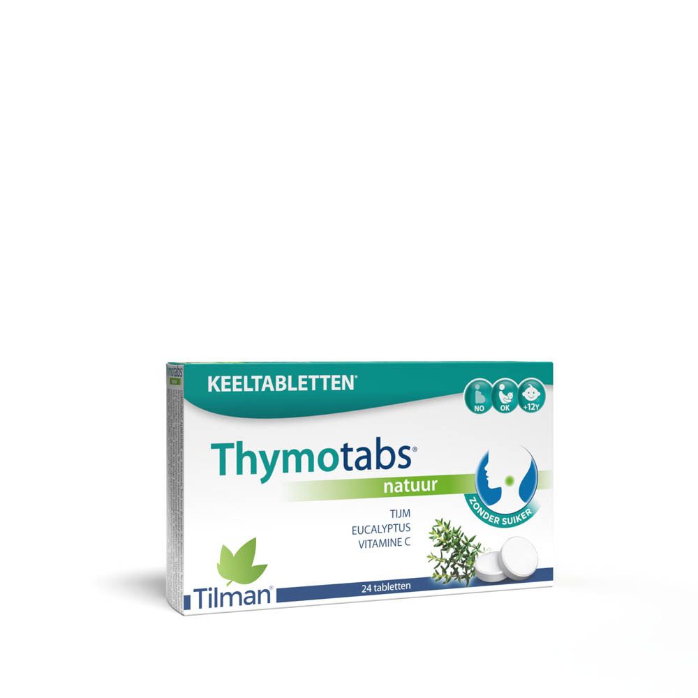 Verpakking Thymotabs nature, 24 tabletten. Bevat tijm, eucalyptus en vitamine C. Zonder suiker. Merk Tilman.