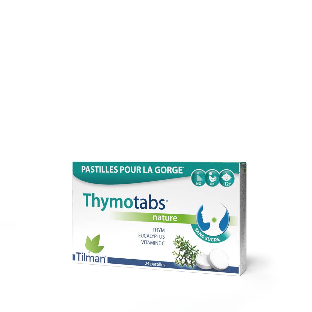 Boîte de Thymotabs nature, 24 comprimés. Contient thym, eucalyptus et vitamine C. Sans sucre. Marque Tilman.