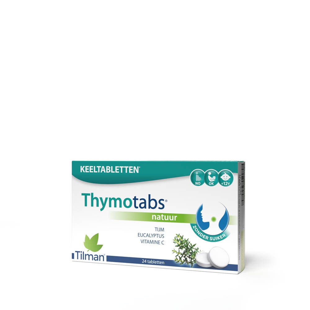 Verpakking Thymotabs nature, 24 tabletten. Bevat tijm, eucalyptus en vitamine C. Zonder suiker. Merk Tilman.