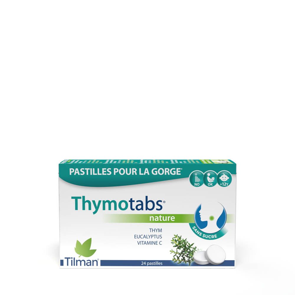 Boîte de Thymotabs nature, 24 comprimés. Contient thym, eucalyptus et vitamine C. Sans sucre. Marque Tilman.