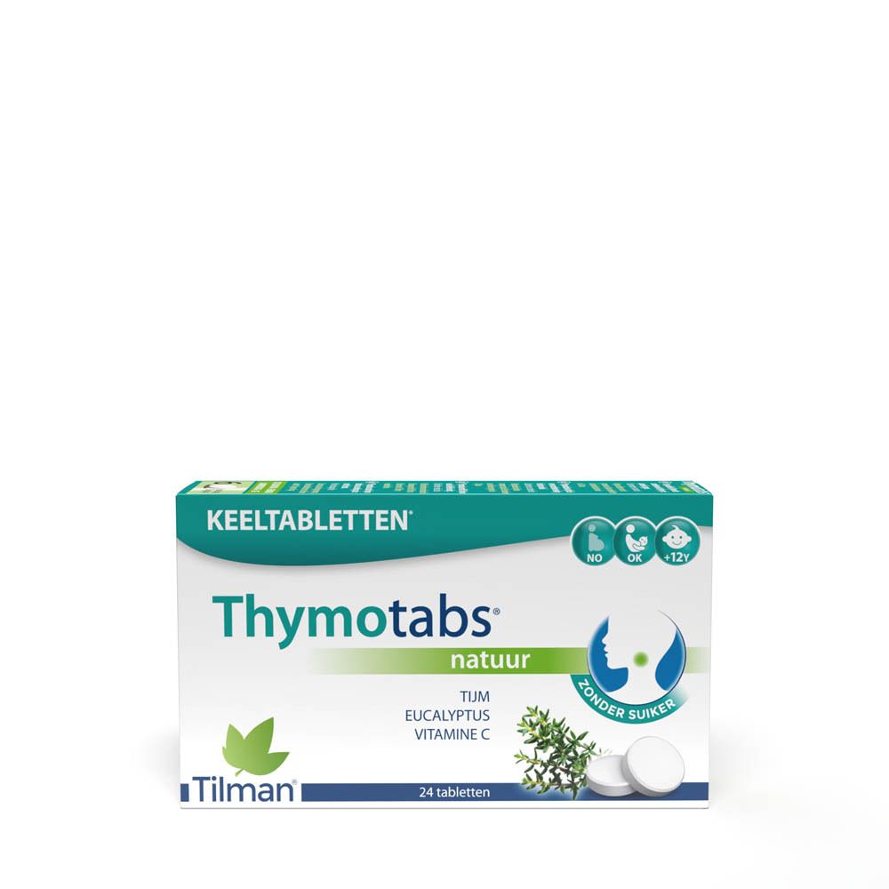 Verpakking Thymotabs nature, 24 tabletten. Bevat tijm, eucalyptus en vitamine C. Zonder suiker. Merk Tilman.