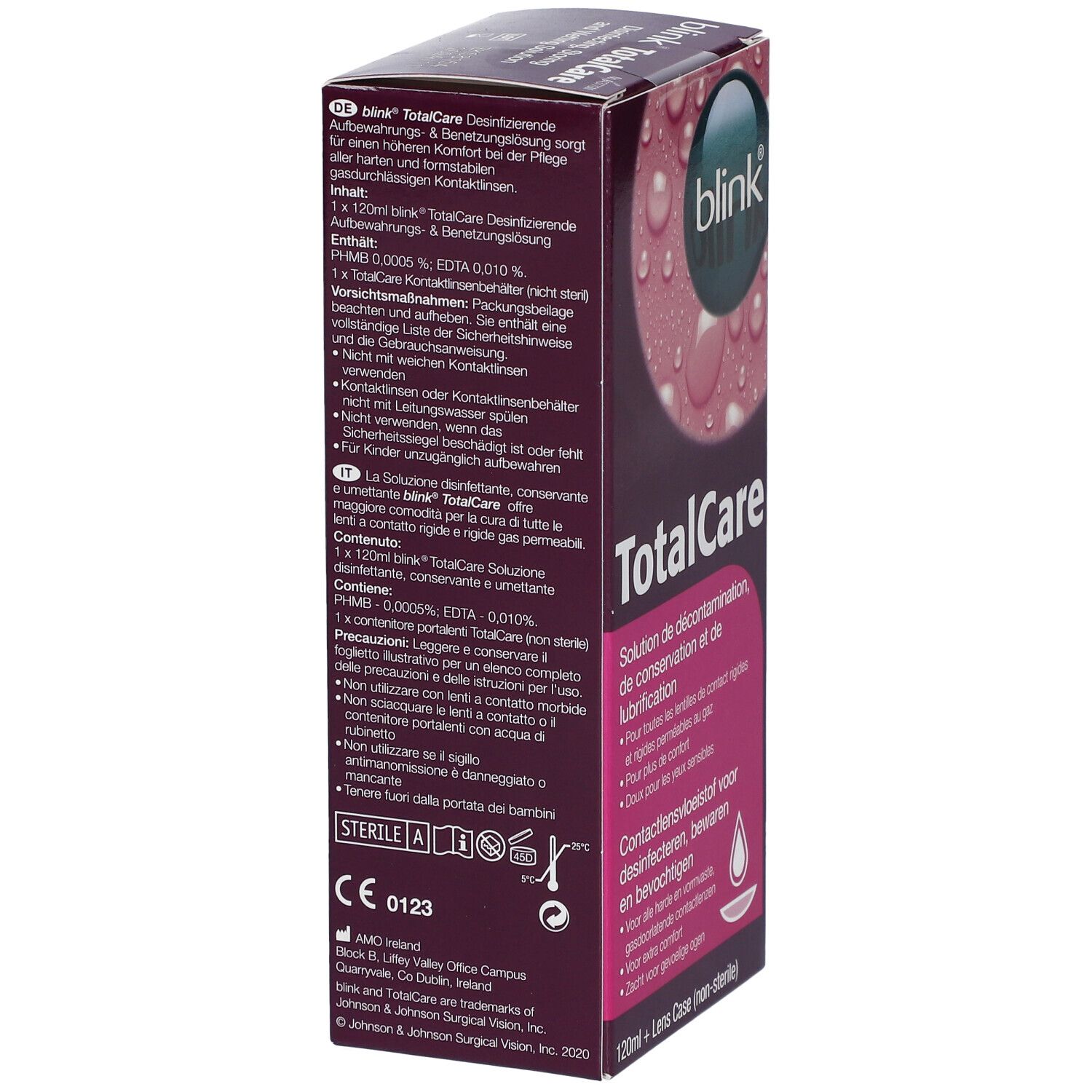 Achterkant verpakking Blink TotalCare. Meertalige tekst. Informatie over gebruik en ingrediënten.