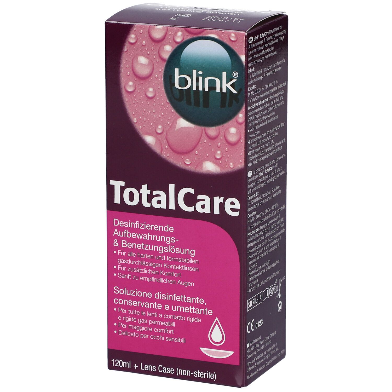 Verpakking Blink TotalCare. Roze-witte doos met logo en naam. Bevat 120ml + lenshouder. Voor contactlenzen.
