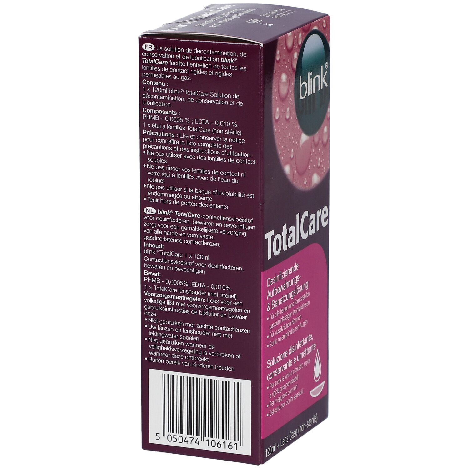 Achterkant verpakking Blink TotalCare. Meertalige tekst. Informatie over gebruik en ingrediënten.