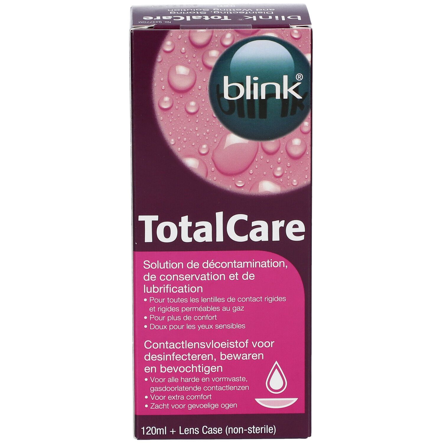Verpakking Blink TotalCare. Roze-witte doos met logo en naam. Bevat 120ml + lenshouder. Voor contactlenzen.