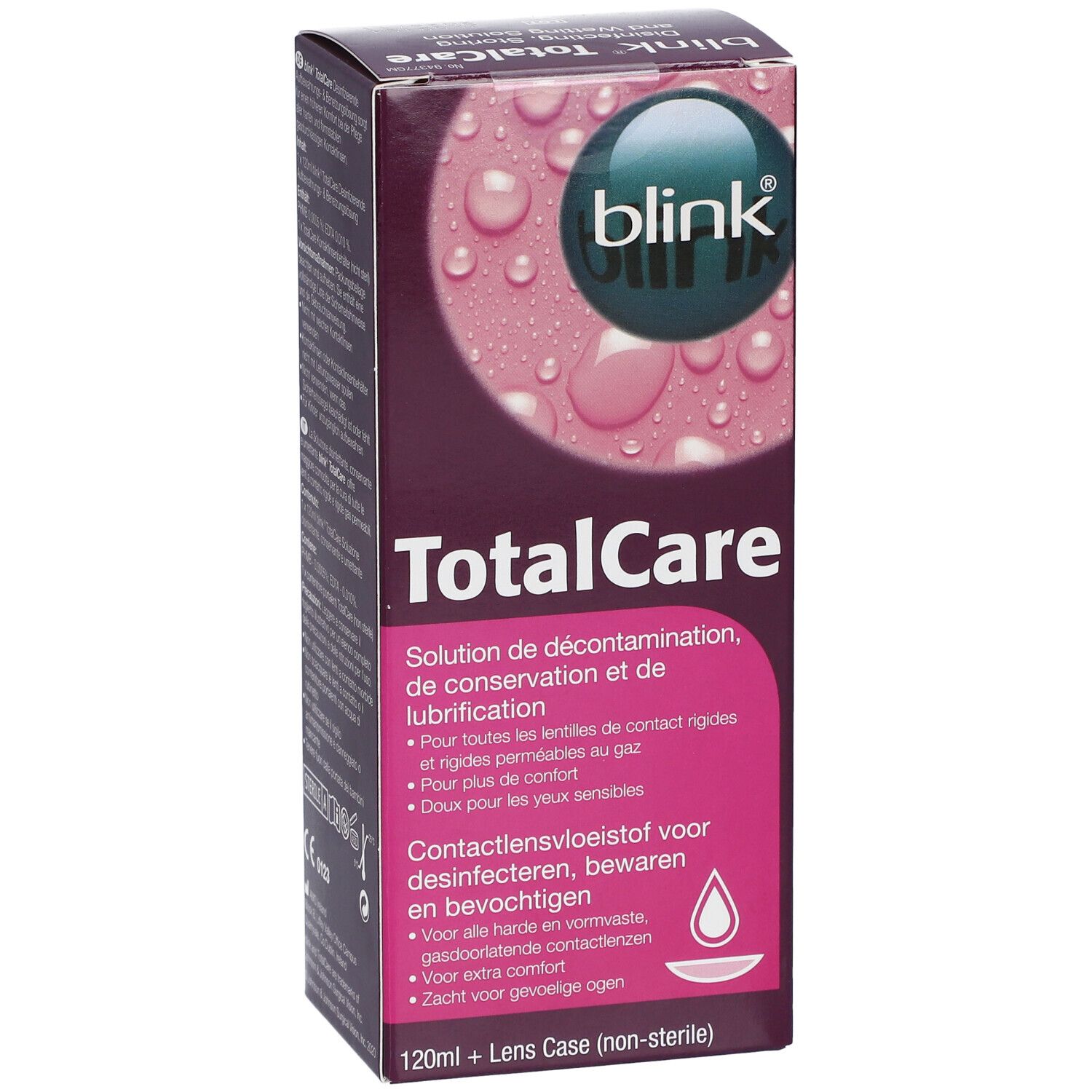 Verpakking Blink TotalCare. Roze-witte doos met logo en naam. Bevat 120ml + lenshouder. Voor contactlenzen.