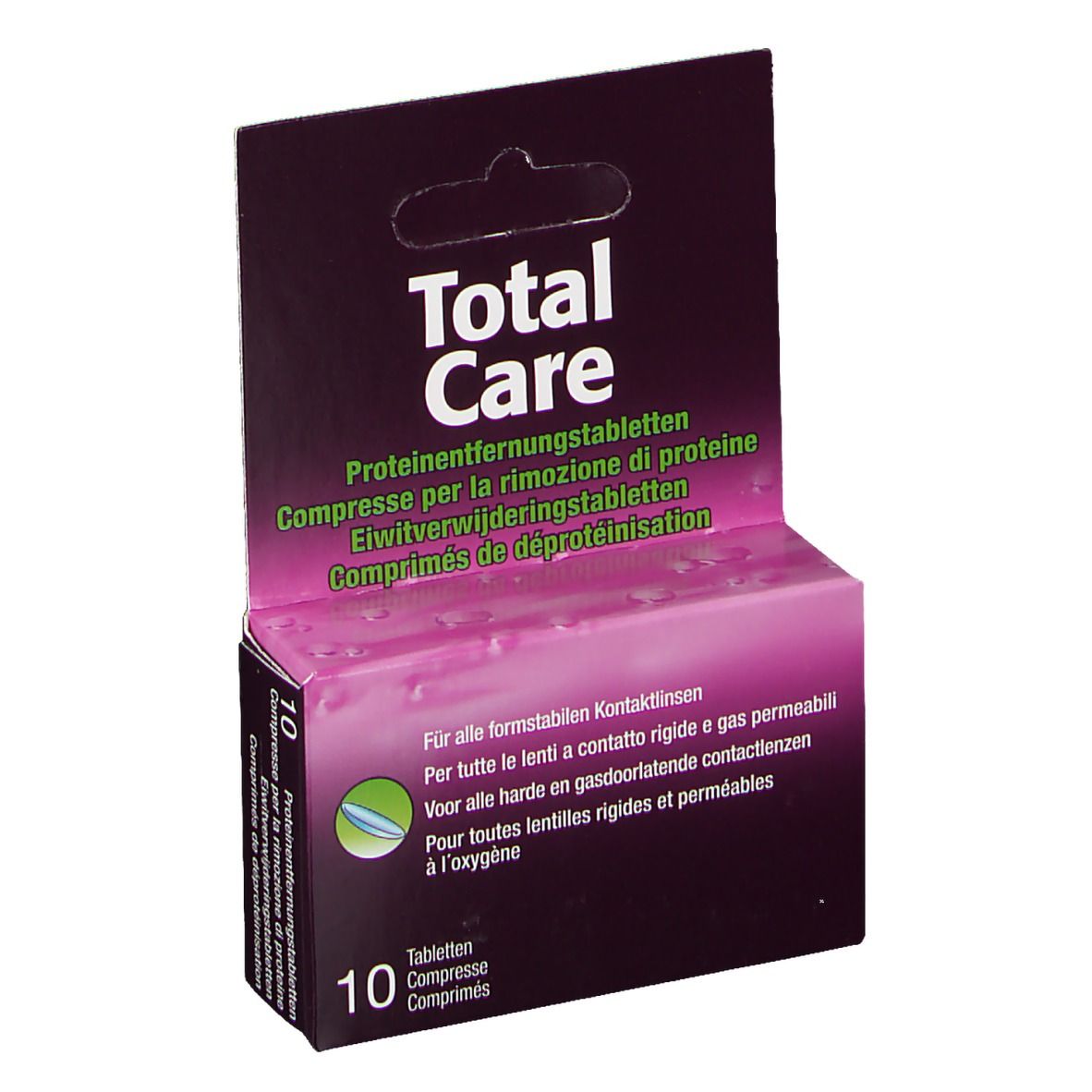 Verpakking van Total Care Proteinentfernungstabletten. Paarse doos met productnaam en tekst in meerdere talen.