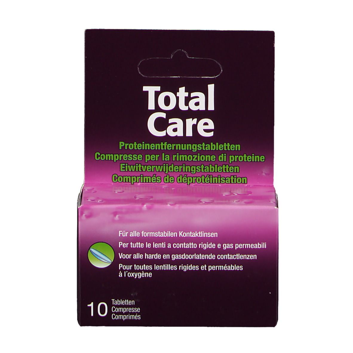 Verpakking van Total Care Proteinentfernungstabletten. Paarse doos met productnaam en tekst in meerdere talen.