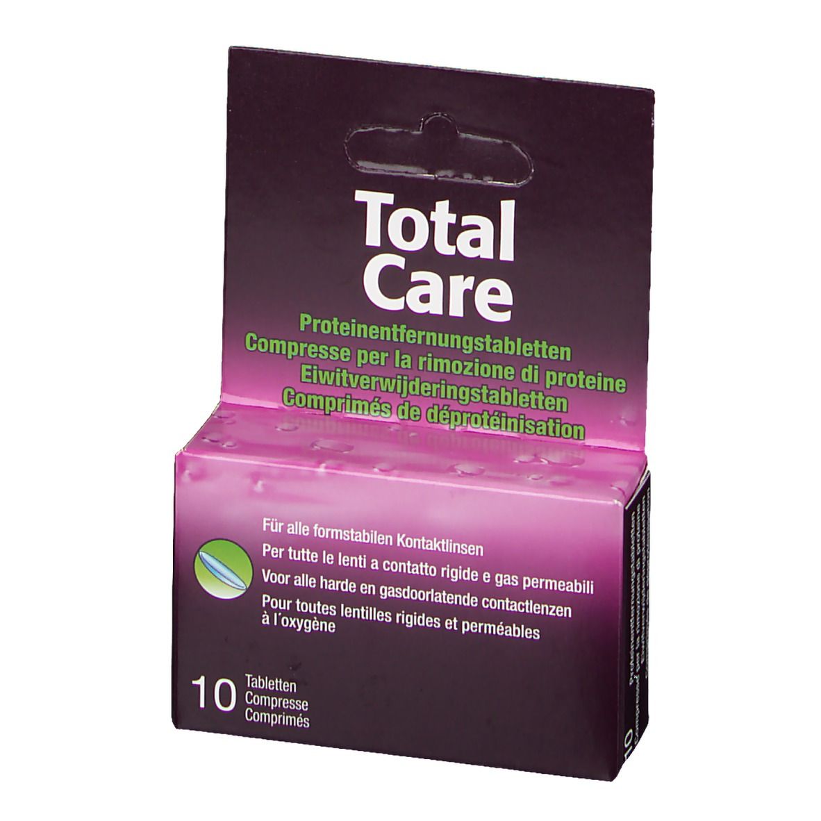 Verpakking van Total Care Proteinentfernungstabletten. Paarse doos met productnaam en tekst in meerdere talen.