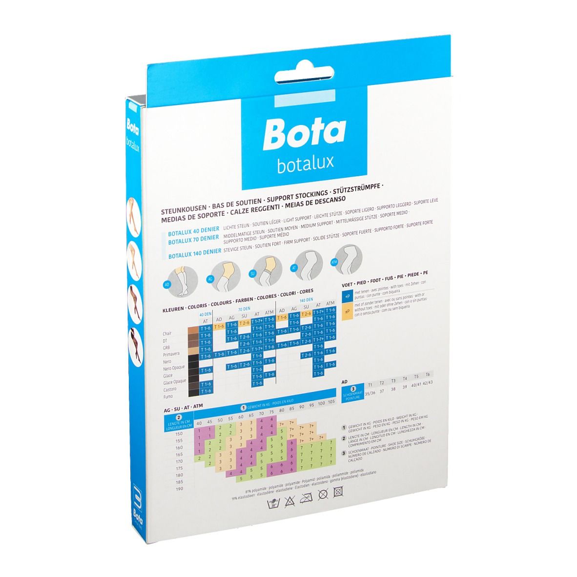 Dos de l'emballage du collant Bota Botalux. Impression : tableau des tailles, informations sur le produit.