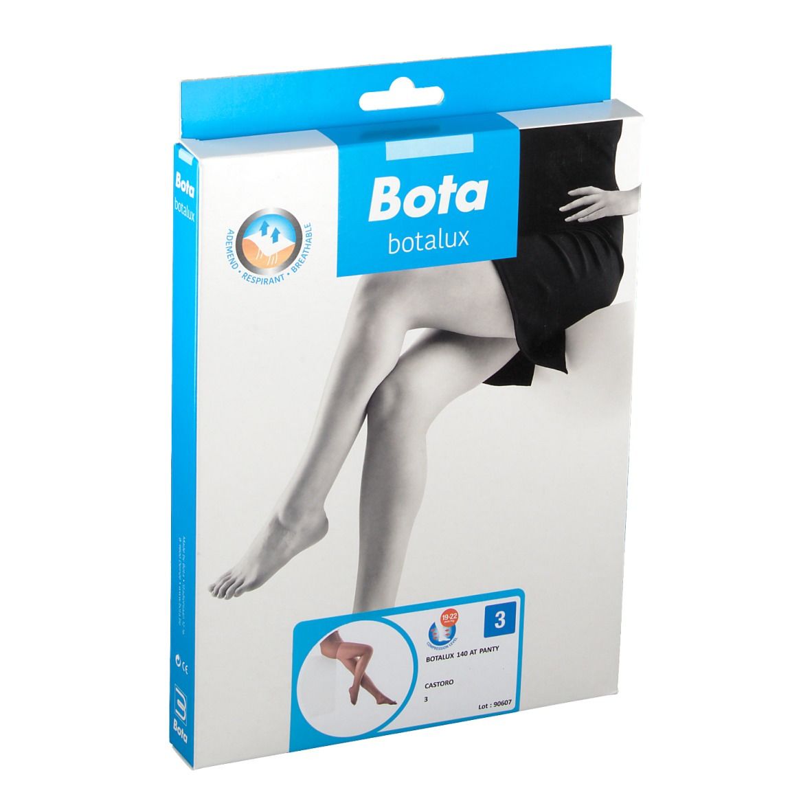 Emballage Bota Botalux 140 AT collant, taille 3. Image d'une femme portant un collant. Emballage bleu et blanc.