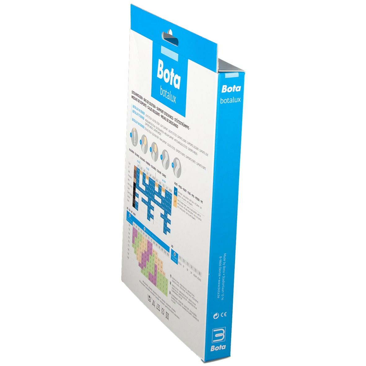 Vue latérale de l'emballage Bota Botalux 140 AT collant. Informations sur les tailles et le produit. Emballage bleu et blanc.