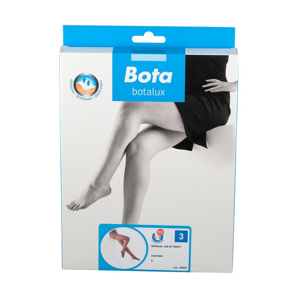 Emballage Bota Botalux 140 AT collant, taille 3. Image d'une femme portant un collant. Emballage bleu et blanc.