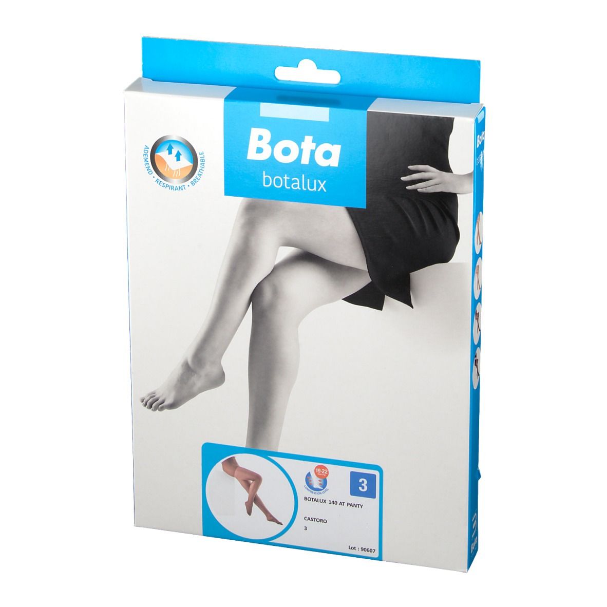 Emballage Bota Botalux 140 AT collant, taille 3. Image d'une femme portant un collant. Emballage bleu et blanc.