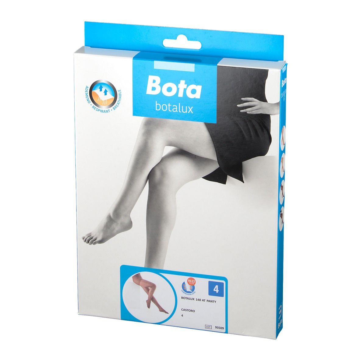 Emballage Bota Botalux 140 AT Grb N2. Illustration de jambes, logo et informations produit. Taille 4.