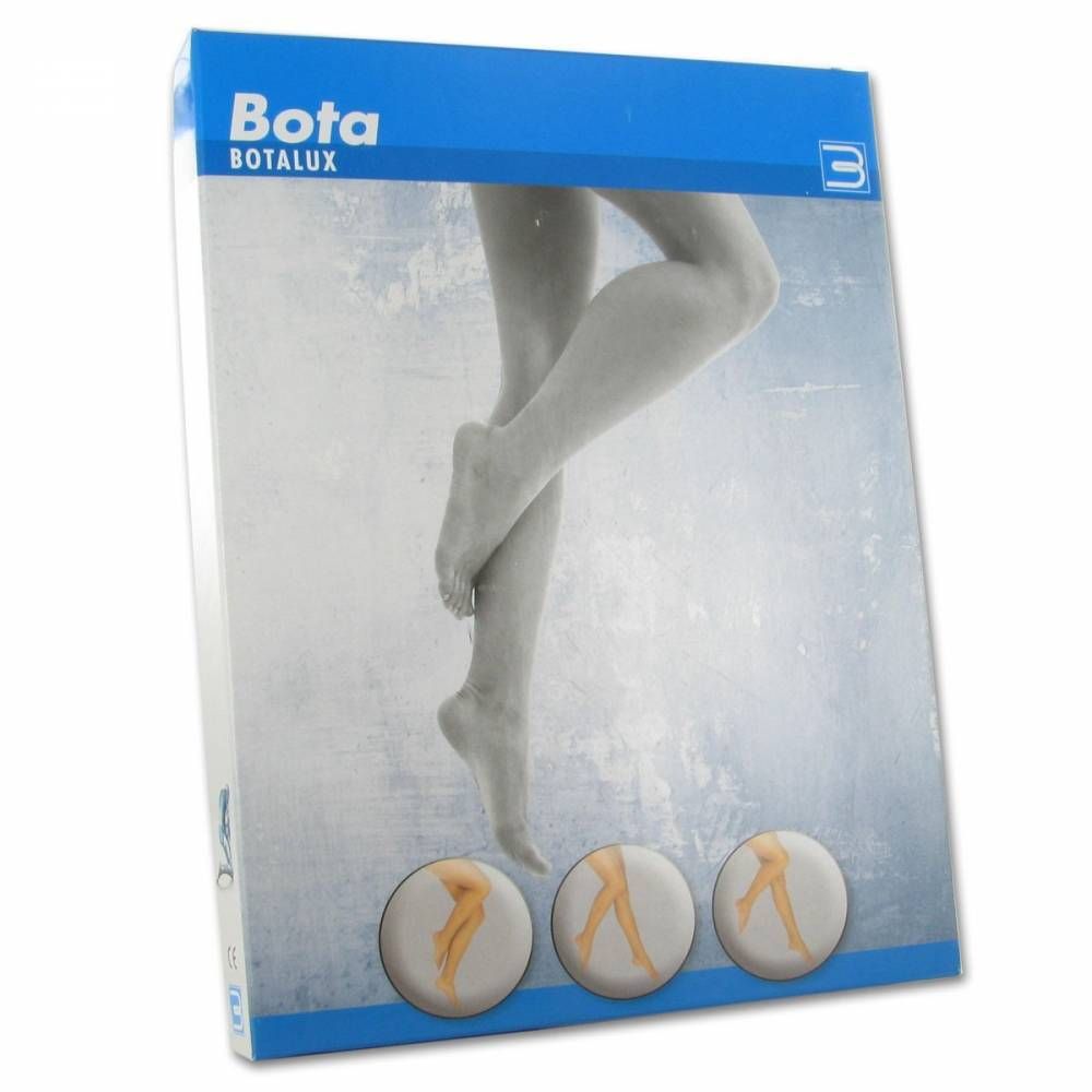 Verpackung von Bota Botalux. Abbildung von Beinen. Blaue und weiße Verpackung.