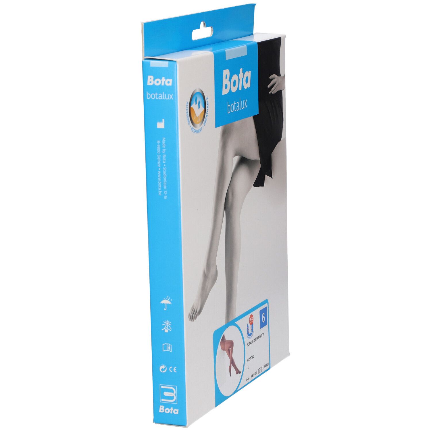 Seitenansicht der Verpackung von Bota Botalux 140 AT Biberschwanz 6. Aufdrucke: Marke, Produktname, Beinabbildung, Größe 6, Zertifizierungen.