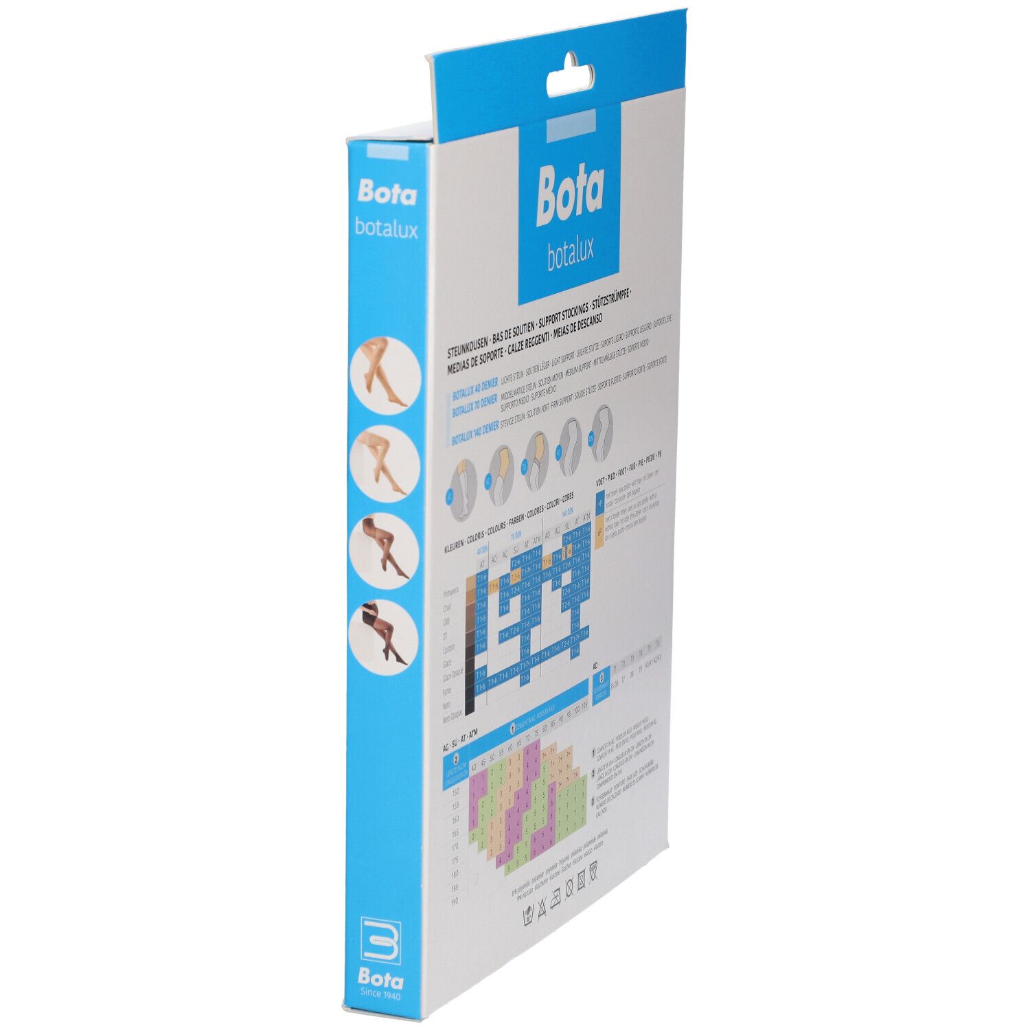 Seitenansicht der Verpackung von Bota Botalux 140 AT Biberschwanz 6. Aufdrucke: Produktinformationen, Größentabelle, Marke.