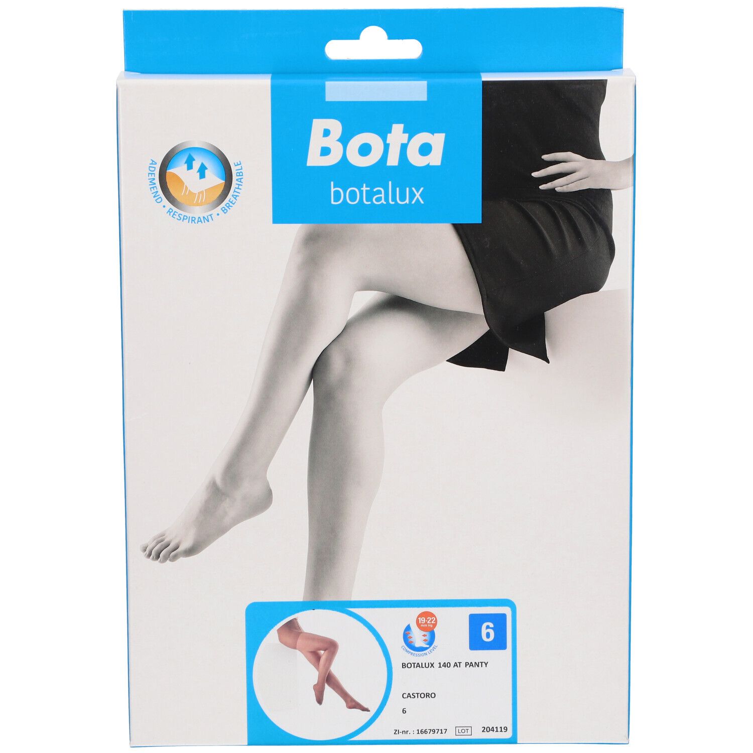 Verpackung von Bota Botalux 140 AT Biberschwanz 6. Aufdrucke: Marke, Produktname, Beinabbildung, Größe 6, Zertifizierungen.