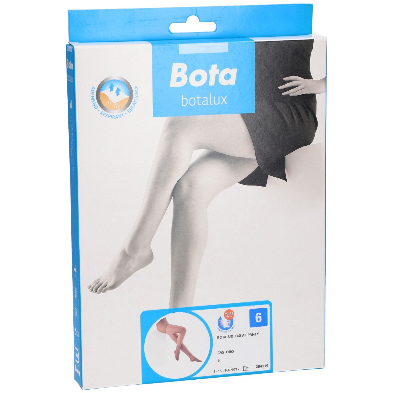 Verpackung von Bota Botalux 140 AT Biberschwanz 6. Aufdrucke: Marke, Produktname, Beinabbildung, Größe 6, Zertifizierungen.