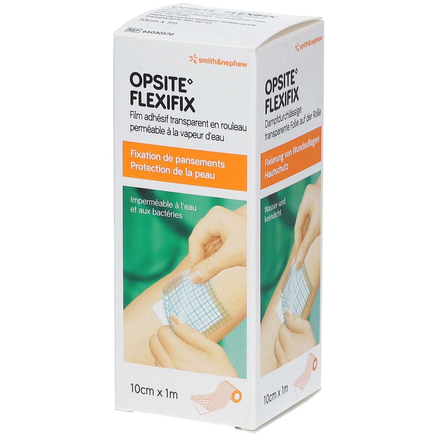 Emballage Opsite Flexifix. Film adhésif transparent en rouleau, 10cm x 1m. Application sur la peau illustrée.