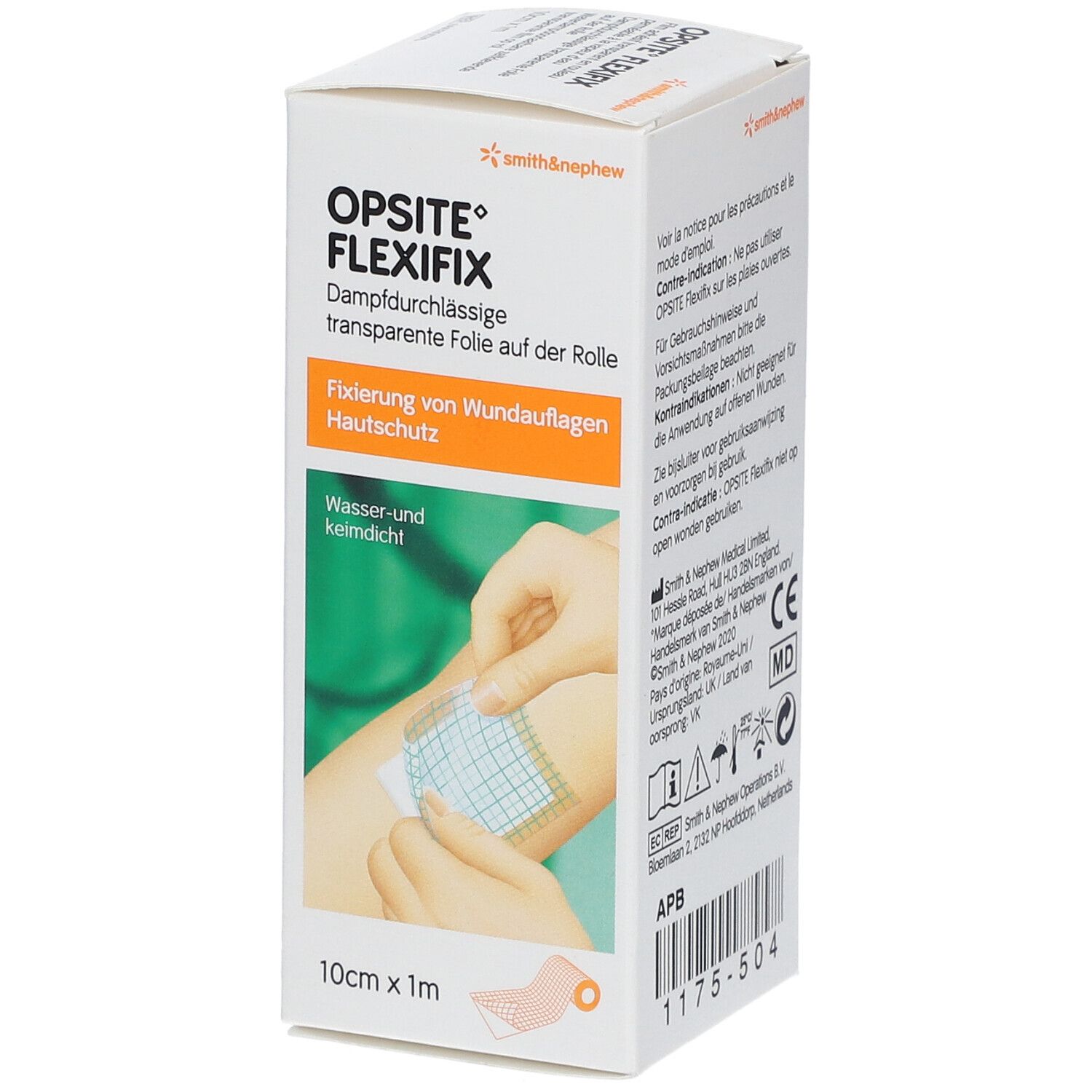 Emballage Opsite Flexifix. Film, 10cm x 1m. Application sur la peau. Imperméable à l'eau et aux bactéries.