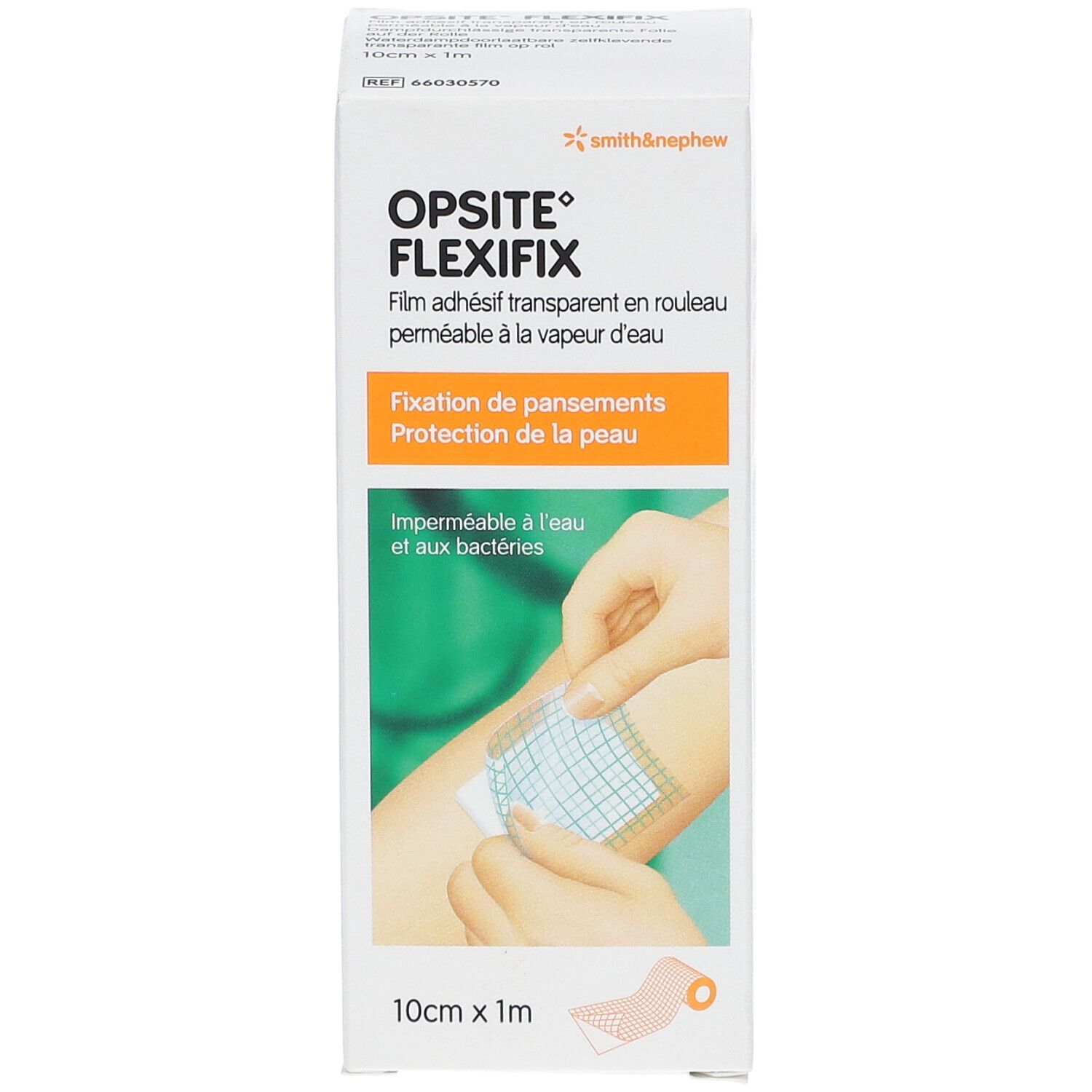 Emballage Opsite Flexifix. Film, 10cm x 1m. Application sur la peau. Imperméable à l'eau et aux bactéries.