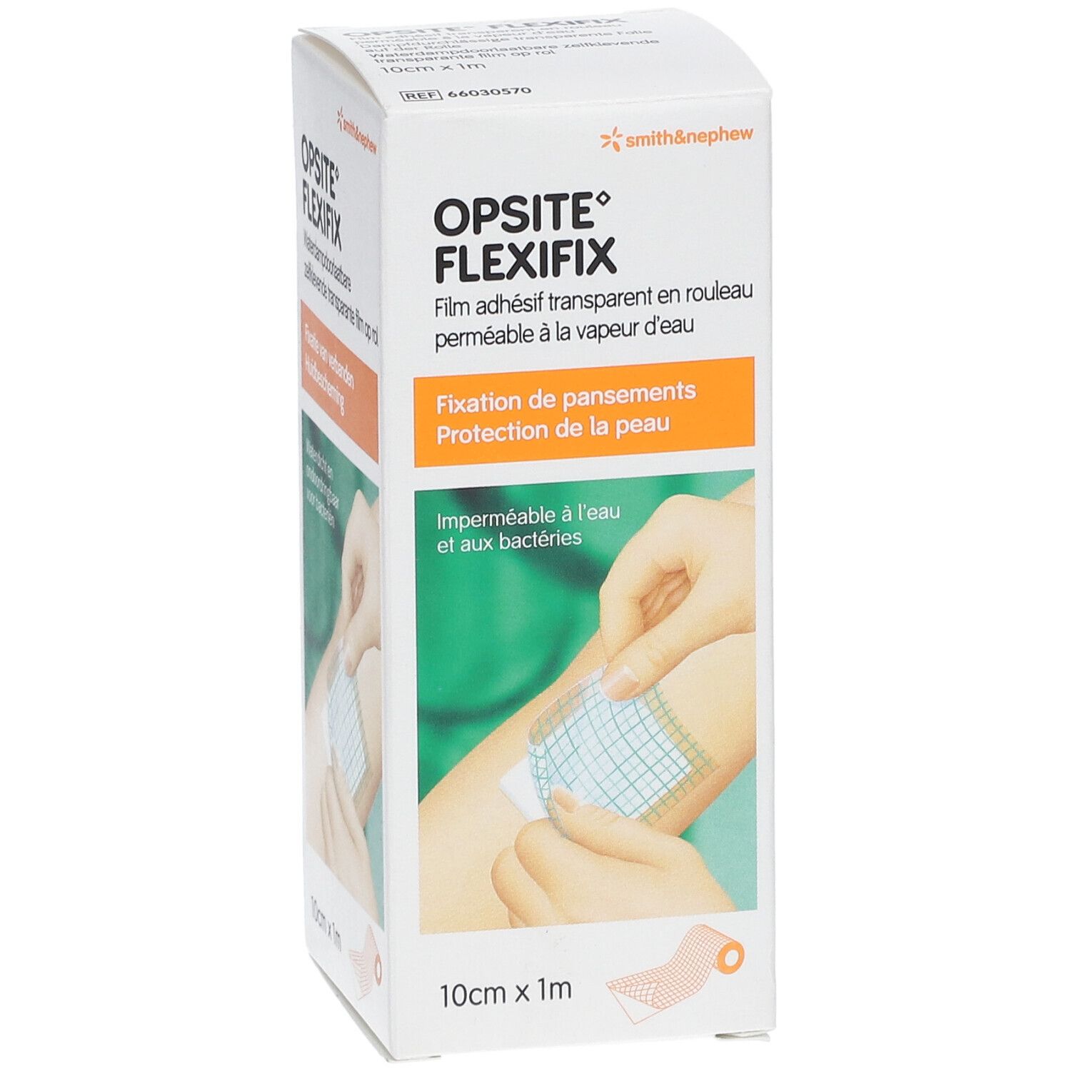 Emballage Opsite Flexifix. Film, 10cm x 1m. Application sur la peau. Imperméable à l'eau et aux bactéries.