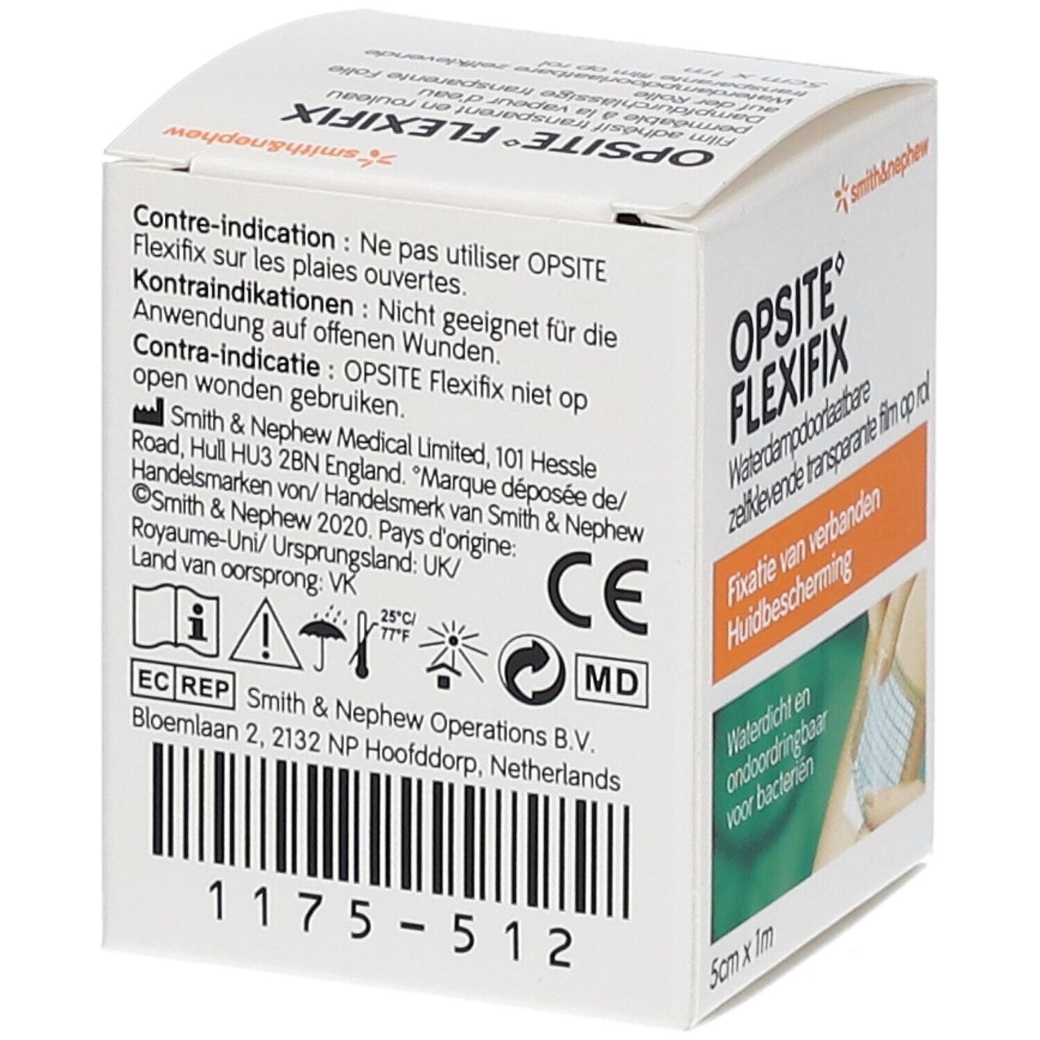 Verpakking van Opsite Flexifix. Contra-indicaties, fabrikant, CE-markering. 5cm x 1m.