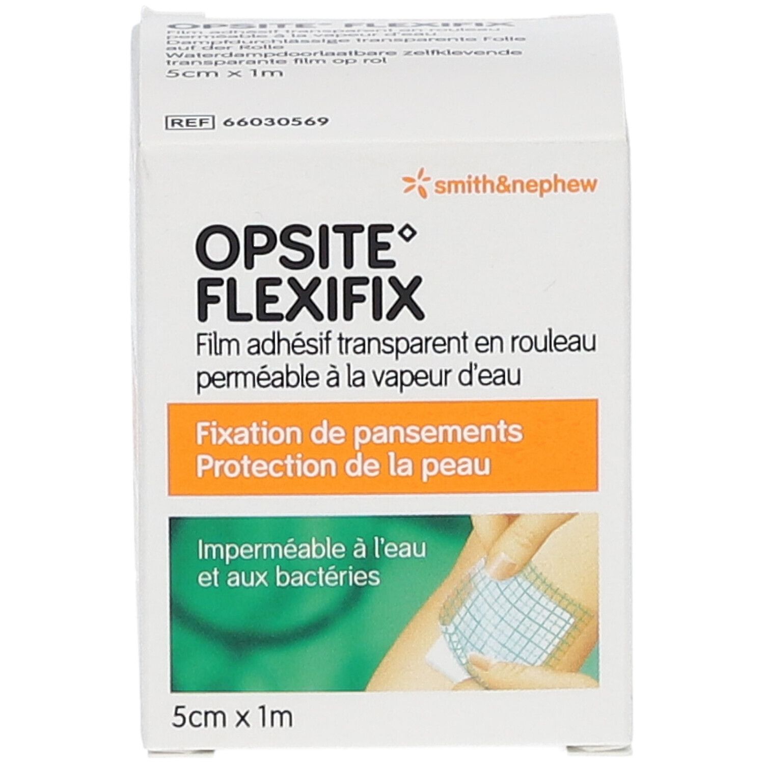Opsite Flexifix, transparante film op rol. 5cm x 1m. Fixatie van verbanden. Huidbescherming. Waterdicht en ondoordringbaar voor bacteriën.