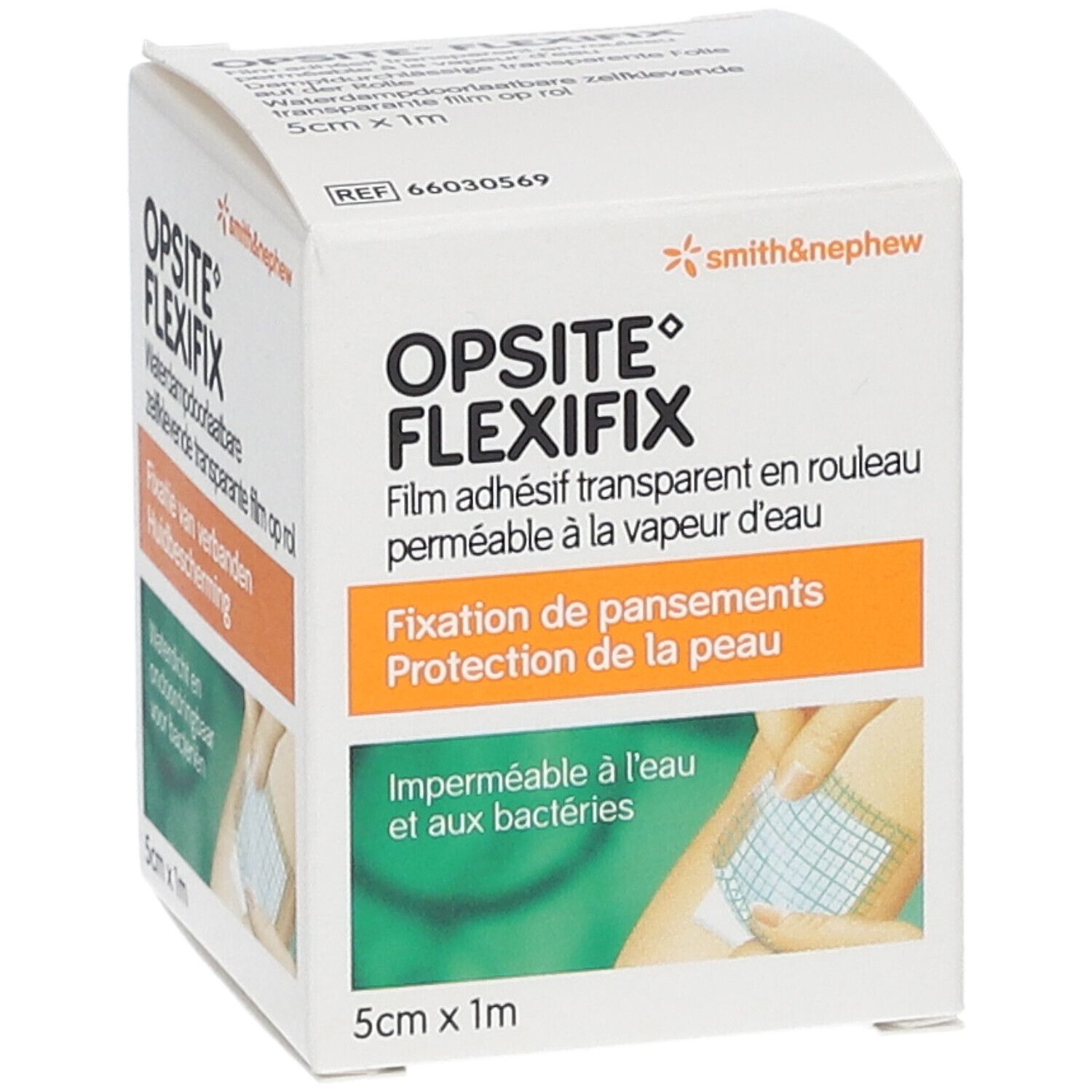 Opsite Flexifix, transparante film op rol. 5cm x 1m. Fixatie van verbanden. Huidbescherming. Waterdicht en ondoordringbaar voor bacteriën.