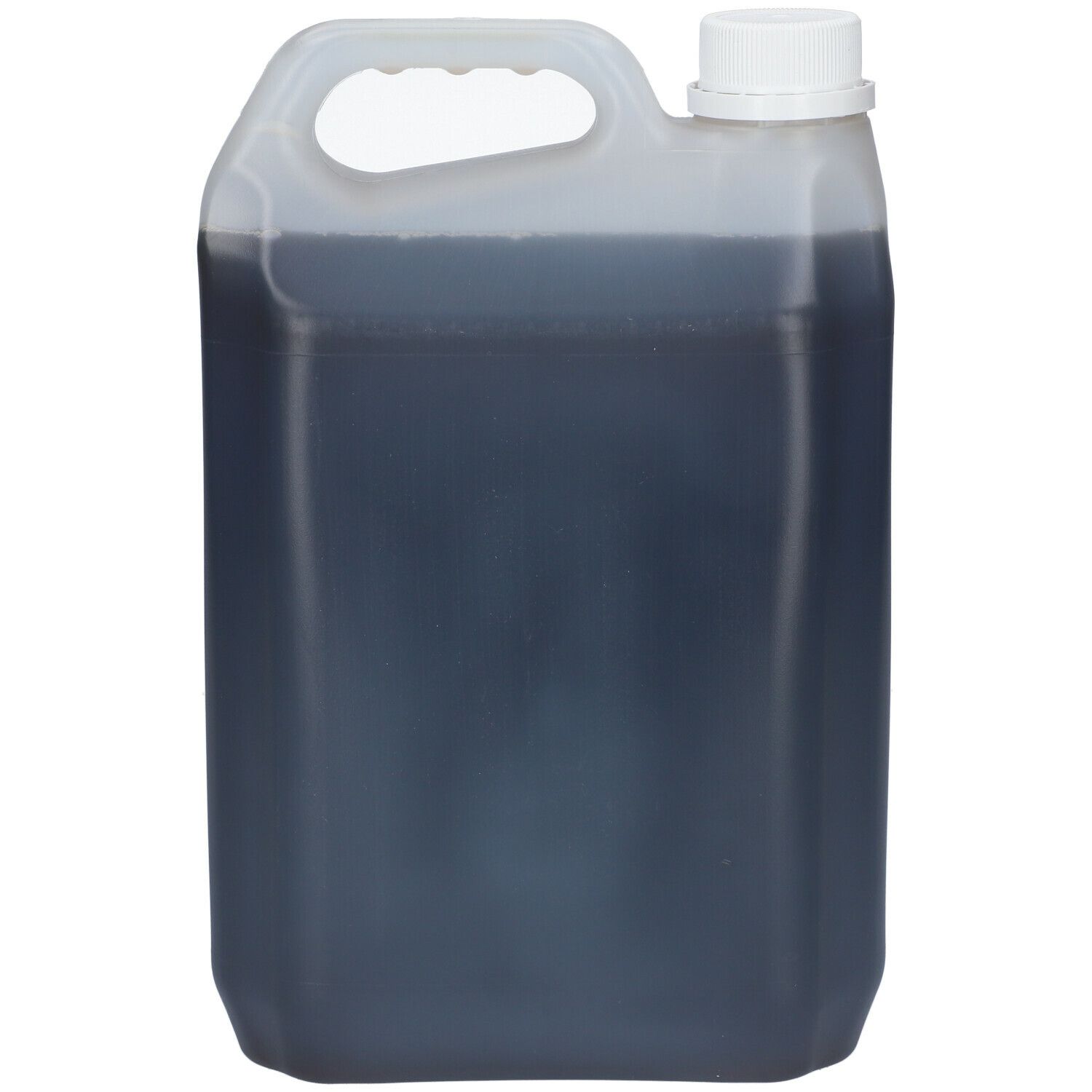 Bidon transparent contenant un liquide foncé. Bouchon et poignée blancs. Volume non visible.