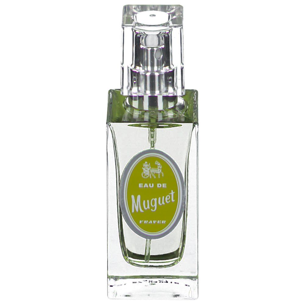 Flacon en verre avec liquide verdâtre. Étiquette avec texte: Eau de Muguet, Fraver. Tête de pulvérisation transparente.