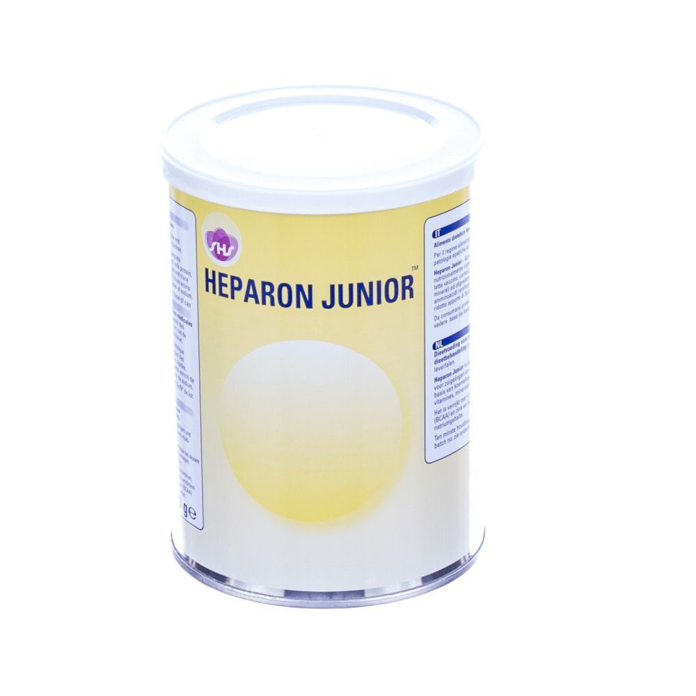 Boîte cylindrique à couvercle blanc. Inscription: Heparon Junior. Fond jaune avec cercle blanc. Logo SHS.