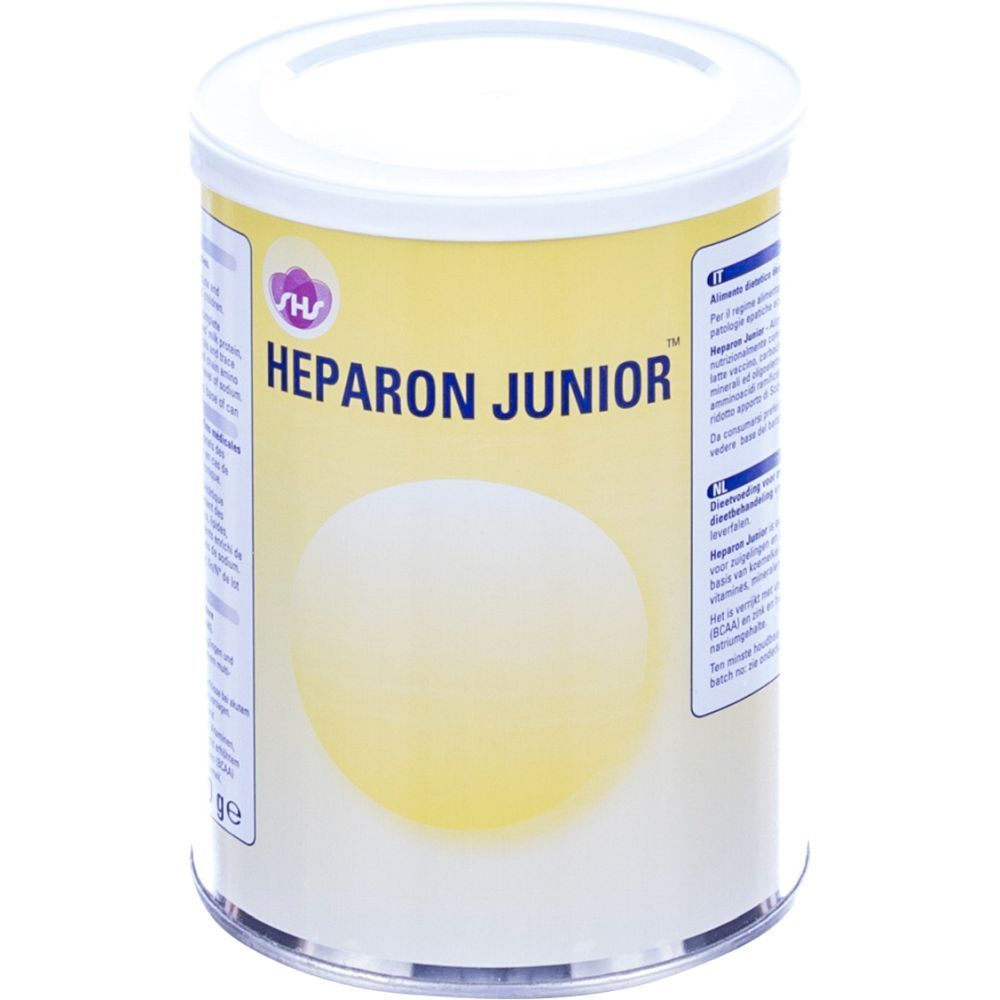 Boîte cylindrique à couvercle blanc. Inscription: Heparon Junior. Fond jaune avec cercle blanc. Logo SHS.